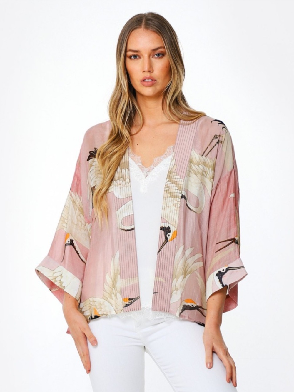 One Hundred Stars Stork Kimono Pink Asian Cropped Lightweight Cardigan One Size